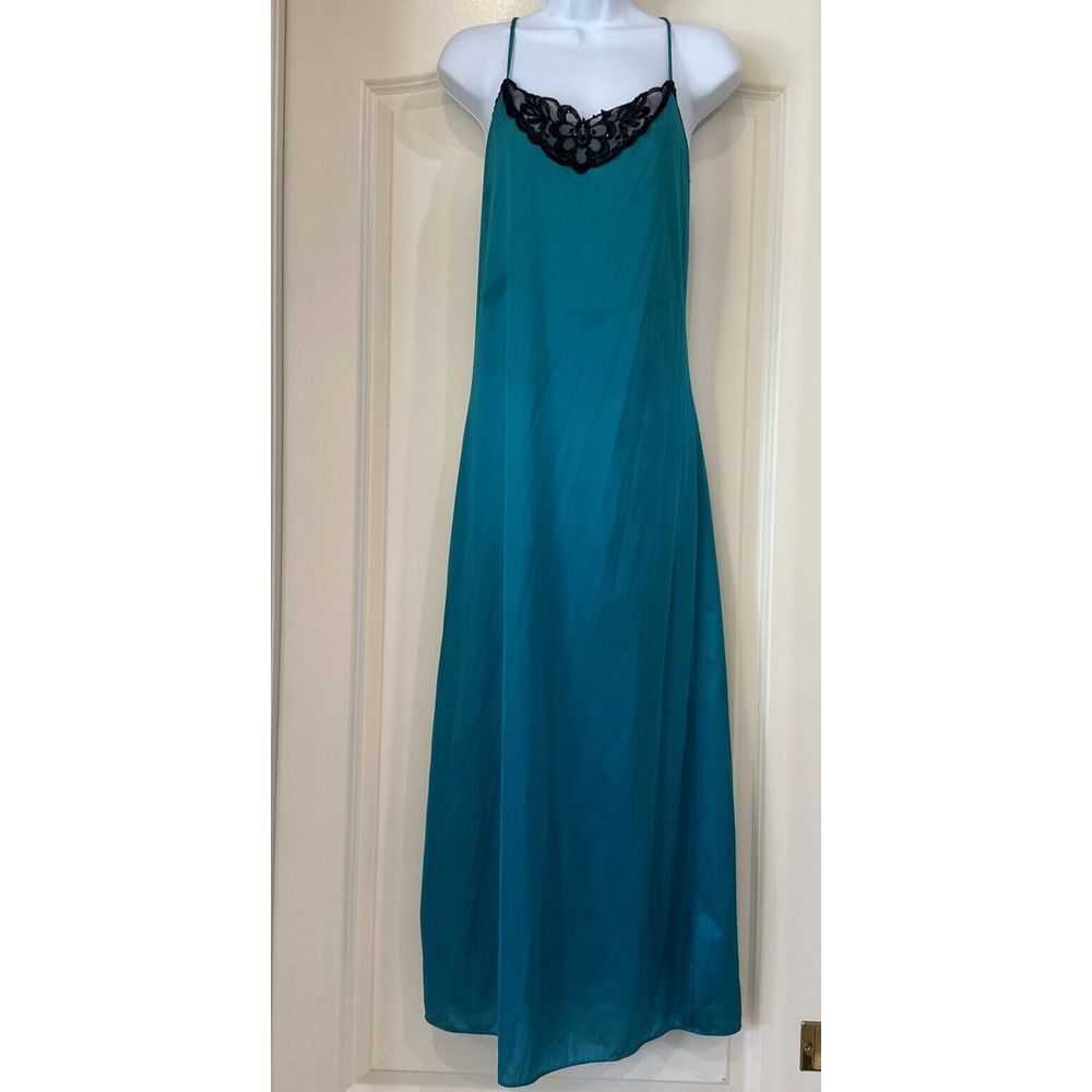 Vintage‎ Negligee Nightgown Maxi Nighties Sz Small Silky Green & black Lace USA